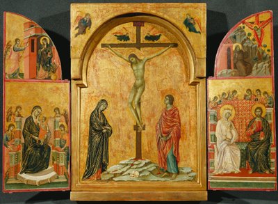 Drieluik - Kruisiging en andere scènes door Duccio di Buoninsegna